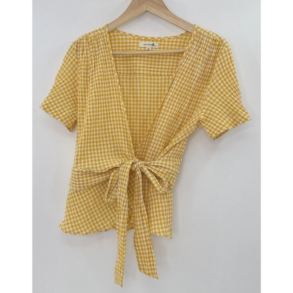 Max Studio Yellow Check Wrap Blouse Sz L Boho Cottage Prairie Preppy Western - Picture 2 of 9
